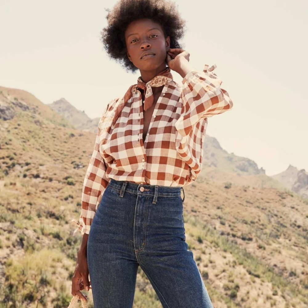 Dôen O’Keefe Blouse in St. Ouen Nutmeg Gingham Plaid